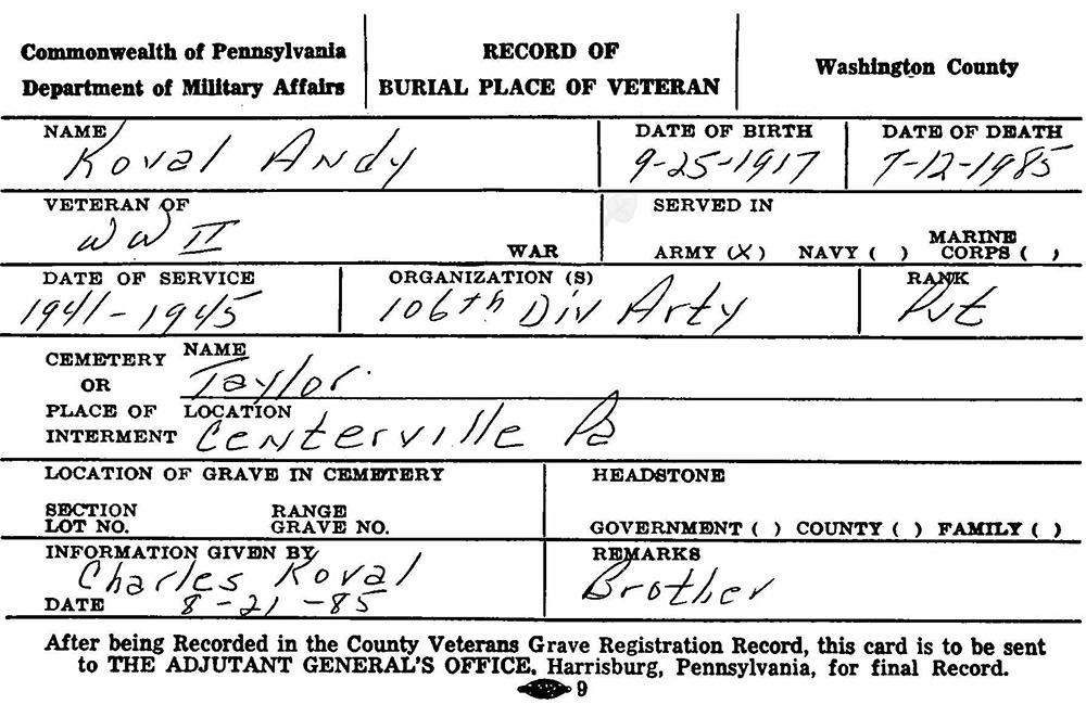 veterak burial card